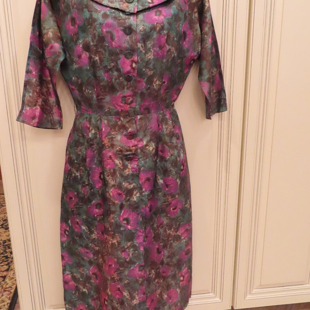 Vintage 50\s Pomette Party Tea Dress Purple & Turquoise Blue 3/4 Sleeve Quality